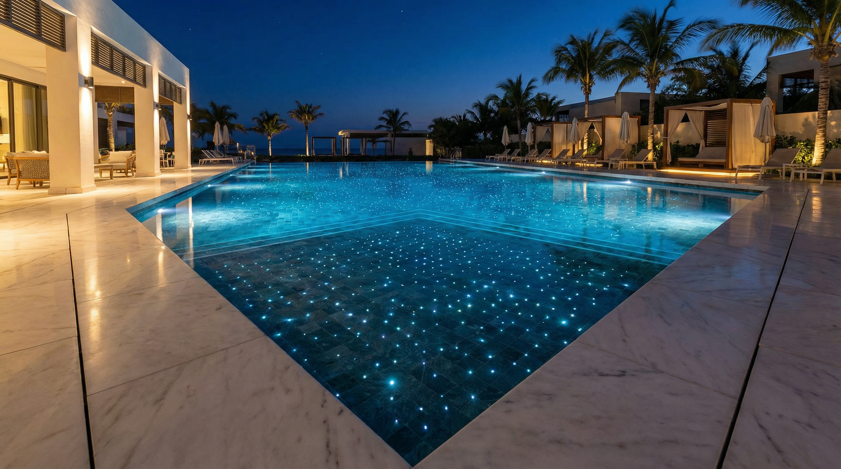Luxury swimming pool at night